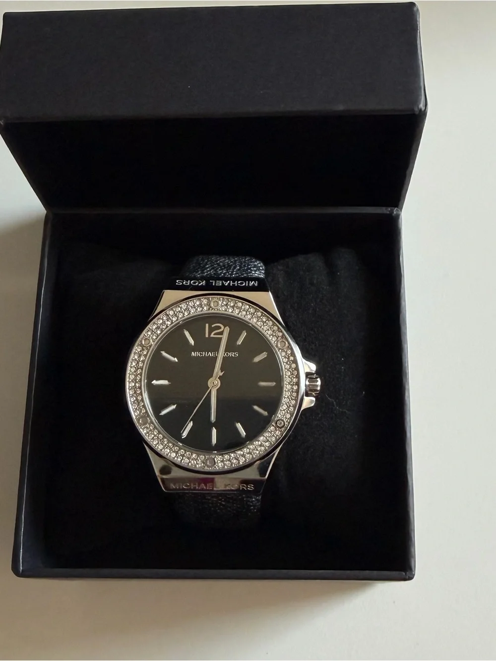 Michael Kors Black Dial Silver-Tone Crystal Bezel Watch Style# MK 7909
